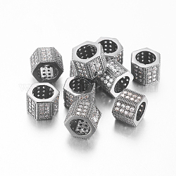 Perles de cubes zircone en laiton , hexagone, gunmetal, 8x10mm, Trou: 6.5mm