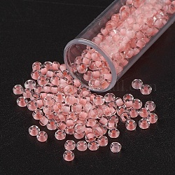 11/0 Grade A Transparent Glass Seed Beads, Inside Color, Light Coral, 2.3x1.5mm, Hole: 1mm, about 5300pcs/50g