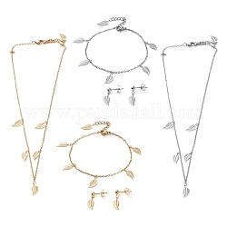 304 Stainless Steel Jewelry Sets, Cable Chains Pendant Necklaces & Stud Earrings & Bracelets, with Lobster Claw Clasps, Leaf, Mixed Color, 17.83 inch(45.3cm), 7.32 inch(18.6cm), 21mm, Pin: 0.7mm