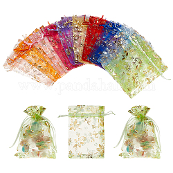 Pandahall элита 60шт 10 цвета горячего тиснения сумки из органзы, со шнурками-утяжками, Ювелирные подарочные сетчатые мешочки для свадебной вечеринки, рождественские конфеты, подарочные пакеты, прямоугольник с цветочным узором, разноцветные, 15x10x0.05 см, 6 шт / цвет