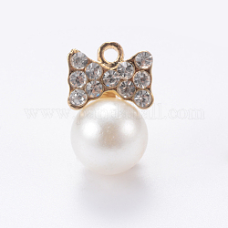 Pendenti strass in lega, arco, con perla in plastica imitazione abs, oro chiaro, 16.5x11x11mm, Foro: 1.5 mm