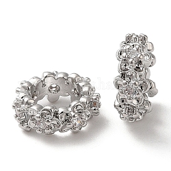 Perles de style européen en laiton micro pavé de zircone cubique, Perles avec un grand trou   , anneau avec fleur, platine, 9.5x4mm, Trou: 5.5mm
