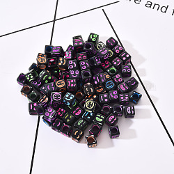 Perles acryliques noires artisanales, cube avec expression mixte de couleurs mélangées, 6x6x6mm, Trou: 3.5mm, environ 100 pcs / sachet 