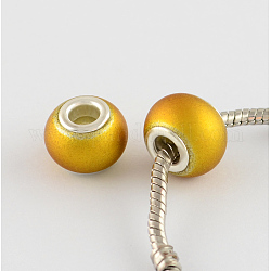 Spray Painted Matte Glass European Beads, with Silver Brass Core, Large Hole Beads, Rondelle, Goldenrod, 14~15x11mm, Hole: 4.5~5mm