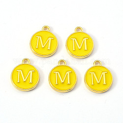 Vergoldete Legierungs-Emaille-Anhänger, emaillierte Pailletten, flach rund mit Brief, golden, letter.m, 14x12x2 mm, Bohrung: 1.5 mm