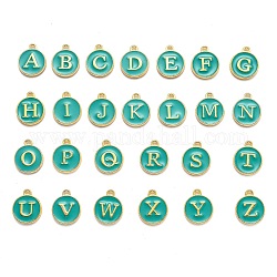 Letra inicial a ~ z encantos de esmalte del alfabeto, dijes de disco plano redondo de doble cara, Encantos de aleación de lentejuelas esmaltadas chapadas en oro, verde, 14x12x2mm, agujero: 1.5 mm, 26 PC / sistema