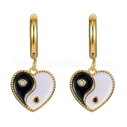 Coeur de zircone cubique clair avec boucles d'oreilles créoles pendantes yin yang avec émail, Boucles d'oreilles pendantes en laiton avec 316 épingle en acier inoxydable chirurgical pour femme, noir, 30mm, pin: 1 mm