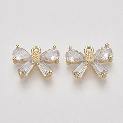 Brass Micro Pave Cubic Zirconia Charms, Bowknot, Clear, Nickel Free, Real 18K Gold Plated, 10.5x19x3mm, Hole: 1.2mm