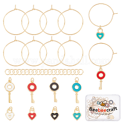 Beebeecraft kit de fabrication de cadenas cœur et clé pour verre à vin bricolage, y compris les créoles en laiton et les pendentifs en émail, couleur mixte, 36 pcs / boîte