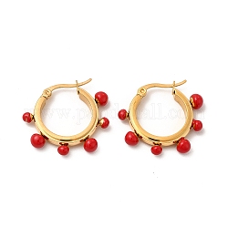 Boucles d'oreilles créoles perles rondes en émail rouge, placage sous vide 304 bijoux en acier inoxydable pour femmes, or, 26x27x5mm, pin: 0.8~1.4x0.7 mm