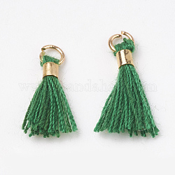 Polycotton(Polyester Cotton) Tassel Pendant Decorations, Mini Tassel, with Brass Findings, Light Gold, Green, 10~15x3~4mm, Hole: 2mm