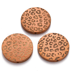 Perle di legno naturale verniciate, motivo inciso al laser, piatta e rotonda con stampa leopardo, sabbia marrone, 30x5mm, Foro: 1.6 mm