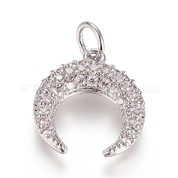 Brass Micro Pave Cubic Zirconia Pendants, with Jump Ring, Long-Lasting Plated, Double Horn/Crescent, Clear, Real Platinum Plated, 15x13.5x2.5mm, Hole: 3.5mm
