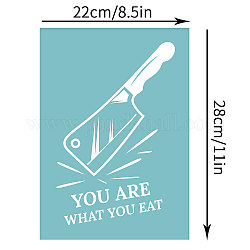 Selbstklebende Siebdruckschablone, zum Malen auf Holz, DIY Dekoration T-Shirt Stoff, Messer mit Wort du bist was du isst, Himmelblau, 28x22 cm