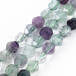 Natural Fluorite Beads Strands, Star Cut Round Beads, Faceted, 6~7x5~6mm, Hole: 1mm, about 59pcs/strand, 14.96 inch(38cm)