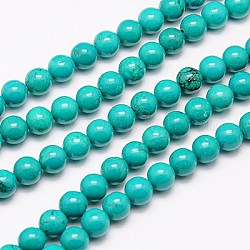 Fil de perles de magnésite naturelle, ronde, teints et chauffée, turquoise, 10mm, Trou: 1mm