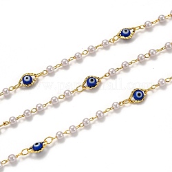 3.28 Fuß handgefertigte Messingketten, mit Acryl Nachahmung Perlen, Murano, langlebig plattiert, gelötet, bösen Blick, golden, Blau, Link: 2.6x1.8x0.3 mm