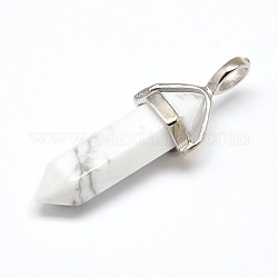 Faceted Bullet Natural Howlite Double Terminated Pointed Pendants, with Platinum Plated Brass Findings, 38~45x10mm, Hole: 3x5mm