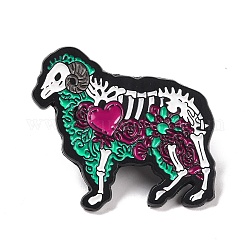 Oveja esqueleto con pasador de esmalte de corazón para halloween, insignia de aleación animal para ropa de mochila, electroforesis negro, colorido, 32x35x1.5mm, pin: 1 mm