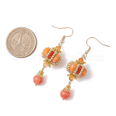 Серьги-подвески из синтетической императорской яшмы с фонарным узором из нержавеющей стали 304 EJEW-MZ00609-04-1