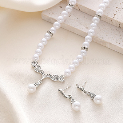 Комплекты из ожерелий и серег-гвоздиков из сплава «крыло ангела» с подвесками из искусственного жемчуга и кристаллов в виде стразов и пластика FS-WG4A79B-02-1