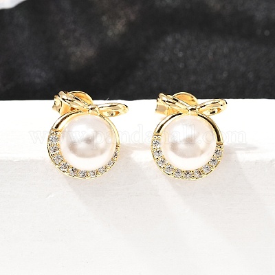 Серьги-гвоздики с бантом и круглыми латунными микрокристаллами из прозрачного кубического циркония EJEW-A135-29G-1