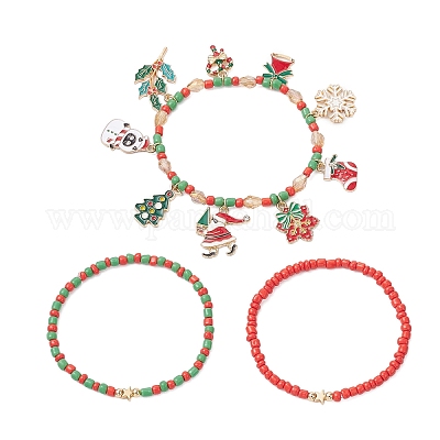 3 комплект браслетов из стеклянных бусин с рождественской тематикой BJEW-JB12442-02-1