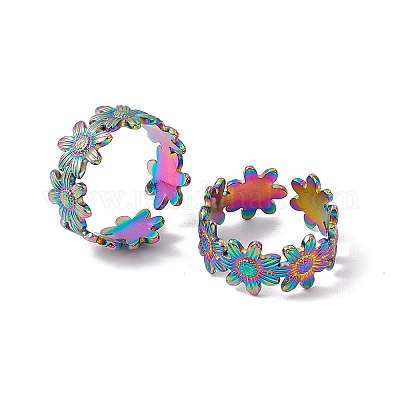 Ионное покрытие (ip) 304 кольцо из нержавеющей стали с цветочным узором открытое кольцо-манжета для женщин RJEW-C045-17M-1