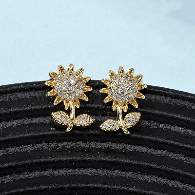 Серьги-гвоздики в форме цветка с микропаве из прозрачных кубических цирконий из латуни EJEW-K267-33G-1