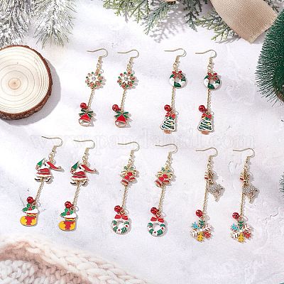 5 пара 5 стильных серег-подвесок из сплава и эмали с рождественской тематикой EJEW-JE06563-1