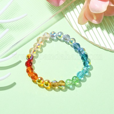 Rainbow Color Faceted Round Glass Stretch Bracelets for Women, Colorful, Inner Diameter: 2 inch(5cm) Glass Round