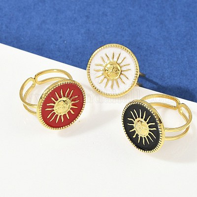 Плоские круглые с рисунком солнца эмалевые кольца из нержавеющей стали 304 для женщин RJEW-G355-05G-1
