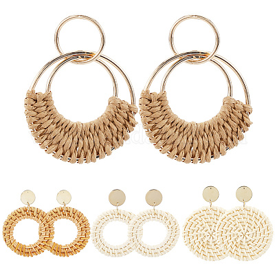 4 пара сережек-гвоздиков из ротанга в 4 стилях EJEW-SP0001-16D-1
