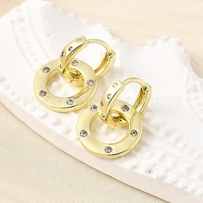 Плоские круглые серьги-кольца из латуни с микропаве из кубического циркония EJEW-U061-02G-02-1