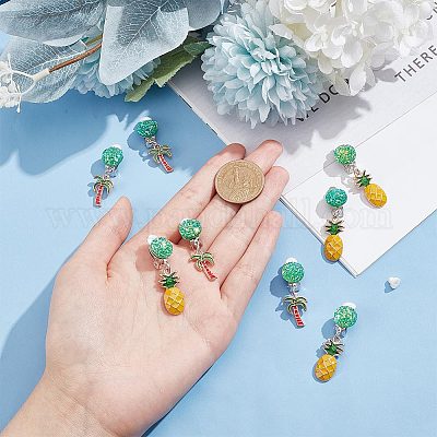 4 пара двухцветных эмалевых сережек-клипс с подвесками в виде кокосовой пальмы и ананаса EJEW-AR0001-08-1
