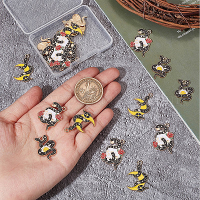 SUNNYCLUE 1 Box 24pcs Snake Charms Gothic Charms Tarot Style Enamel Sun Moon Red Rose Charm Boa Snakes Halloween Skull Skeleton Charm for Jewelry