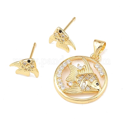 Комплект из латунного кулона и серег-гвоздиков с микропаве из кубических цирконий для женщин SJEW-F227-01G-G-1