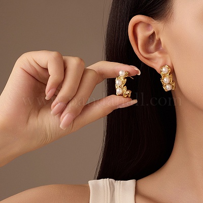 Серьги-гвоздики из искусственного жемчуга из нержавеющей стали 304 EJEW-R012-04G-1