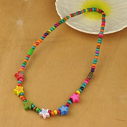 子供用木製のネックレス  こどもの日の贈り物  カラフルな星のビーズで  伸縮性がある  カラフル  19.5インチ NJEW-JN00312-12-1
