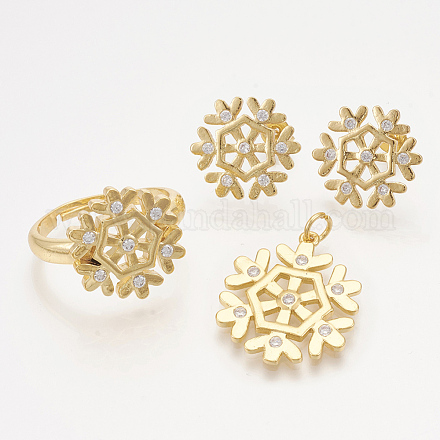 Ciondoli in ottone con zirconi cubici e orecchini a bottone e anelli regolabili set di gioielli SJEW-S043-07-1