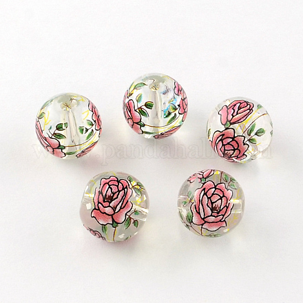 Rosa motivo floreale stampato perle di vetro tondo GFB-R004-10mm-U02-1