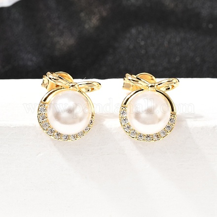 Серьги-гвоздики с бантом и круглыми латунными микрокристаллами из прозрачного кубического циркония EJEW-A135-29G-1