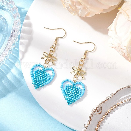 Серьги-сердечки из стеклянных бусин ручной работы EJEW-MZ00577-02-1