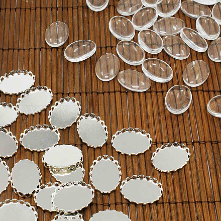 Supports laiton cabochon et cabochons en verre ovales claires et transparentes pour la fabrication de bijoux bricolage KK-MSMC015-14S-RS-1