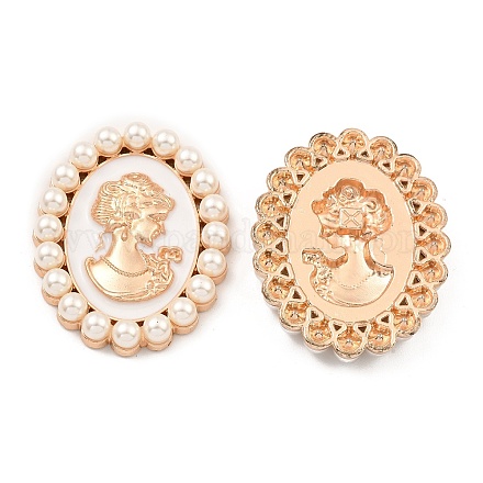 亜鉛合金エナメルカボション  プラスチック模造真珠付き  女性との楕円形  ライトゴールド  ラベンダーブラッシュ  53x42x7.5mm ENAM-Q501-01LG-01-1