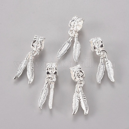 Perline pendenti europee in lega placcata color argento con piume per la realizzazione di braccialetti X-MPDL-19X4.5-1