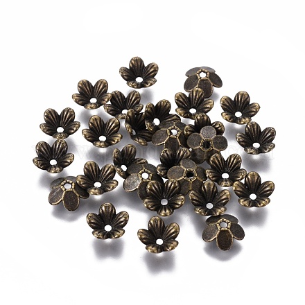 チベットスタイルの花の合金ビーズキャップ  5花びら  カドミウムフリー＆ニッケルフリー＆鉛フリー  アンティークブロンズ  9x3mm  穴：1.5mm TIBEP-S192-AB-NR-1