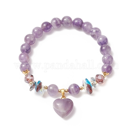 Bracelet extensible en perles rondes d'améthyste naturelle avec breloques en forme de cœur pour femme BJEW-TA00245-1