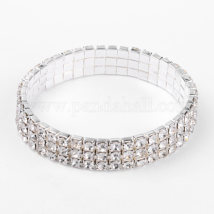 ガールフレンドの結婚式のダイヤモンドのブレスレットのバレンタインのアイデア  3行ストレッチラインストーンブレスレット  真鍮  銀色のメッキ  約11 mm幅  5センチ内径 X-B115-3-1