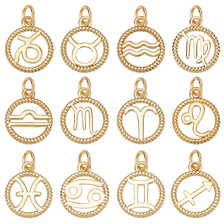 Beebeecraft 12 Constellation Zodiac Signs Charms 18K Gold Plated Flat Round Charms Pendant for DIY Making Bracelets Necklaces Earrings KK-BBC0002-12-1